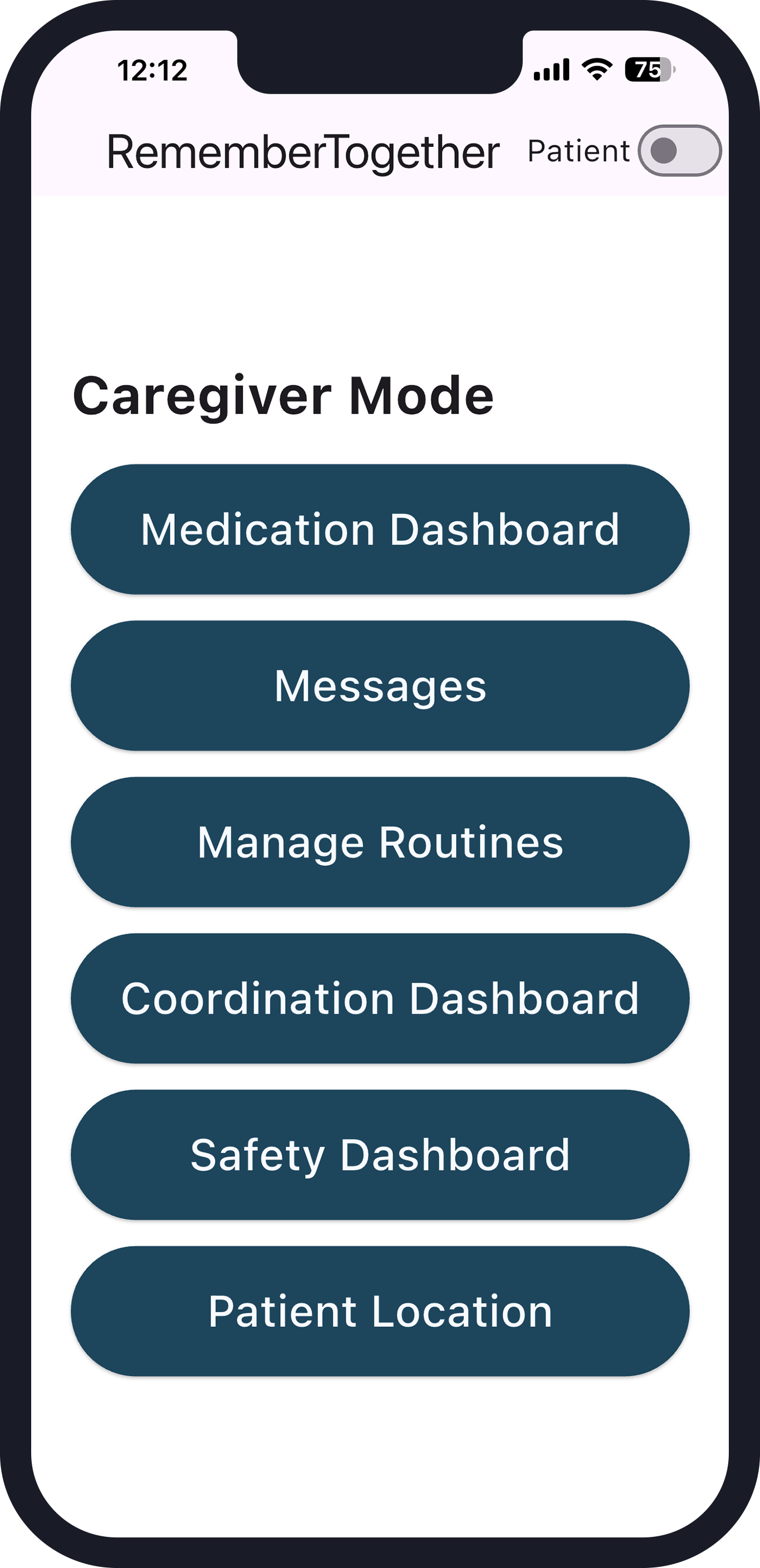 RememberTogether Caregiver Mode screen showing buttons for Medication Dashboard, Messages, Manage Routines, Coordination Dashboard, Safety Dashboard, and Patient Location