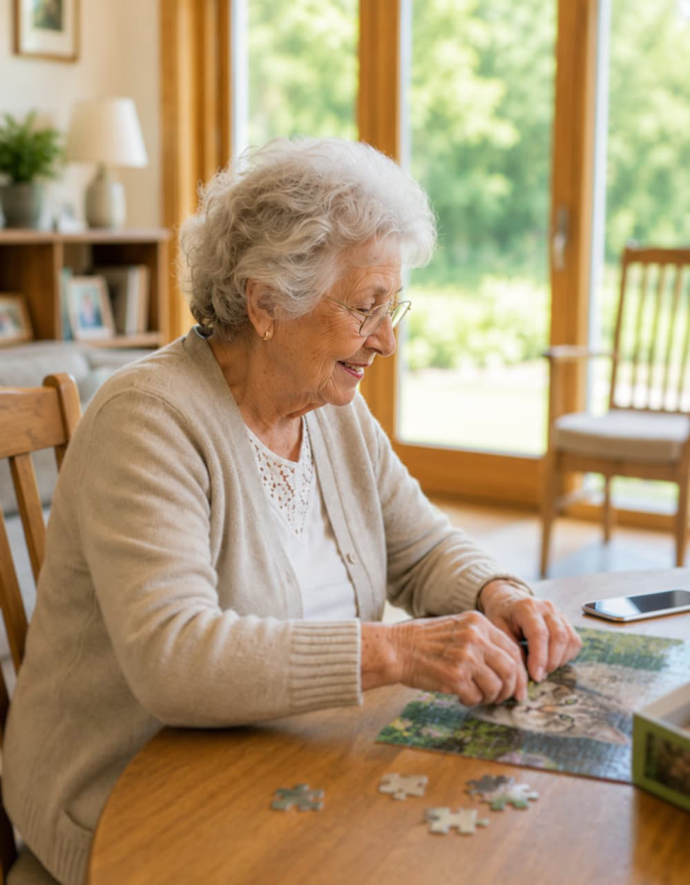 An older woman and her adult daughter sitting together on a sofa, smiling at each other in a bright living room