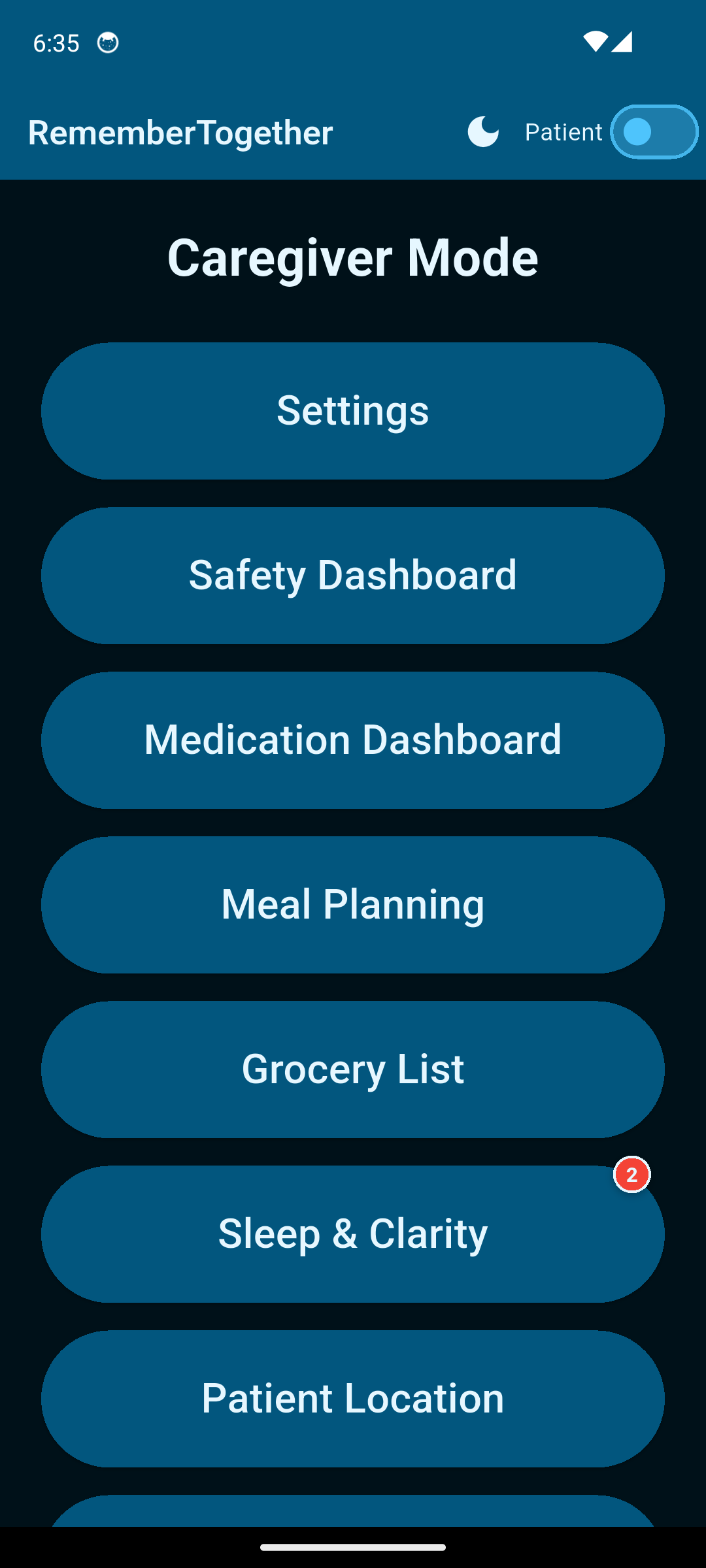 Caregiver Home in RememberTogether, with Settings, Safety Dashboard, Medication Dashboard, Meal Planning, Grocery List, Sleep and Clarity, and Patient Location.