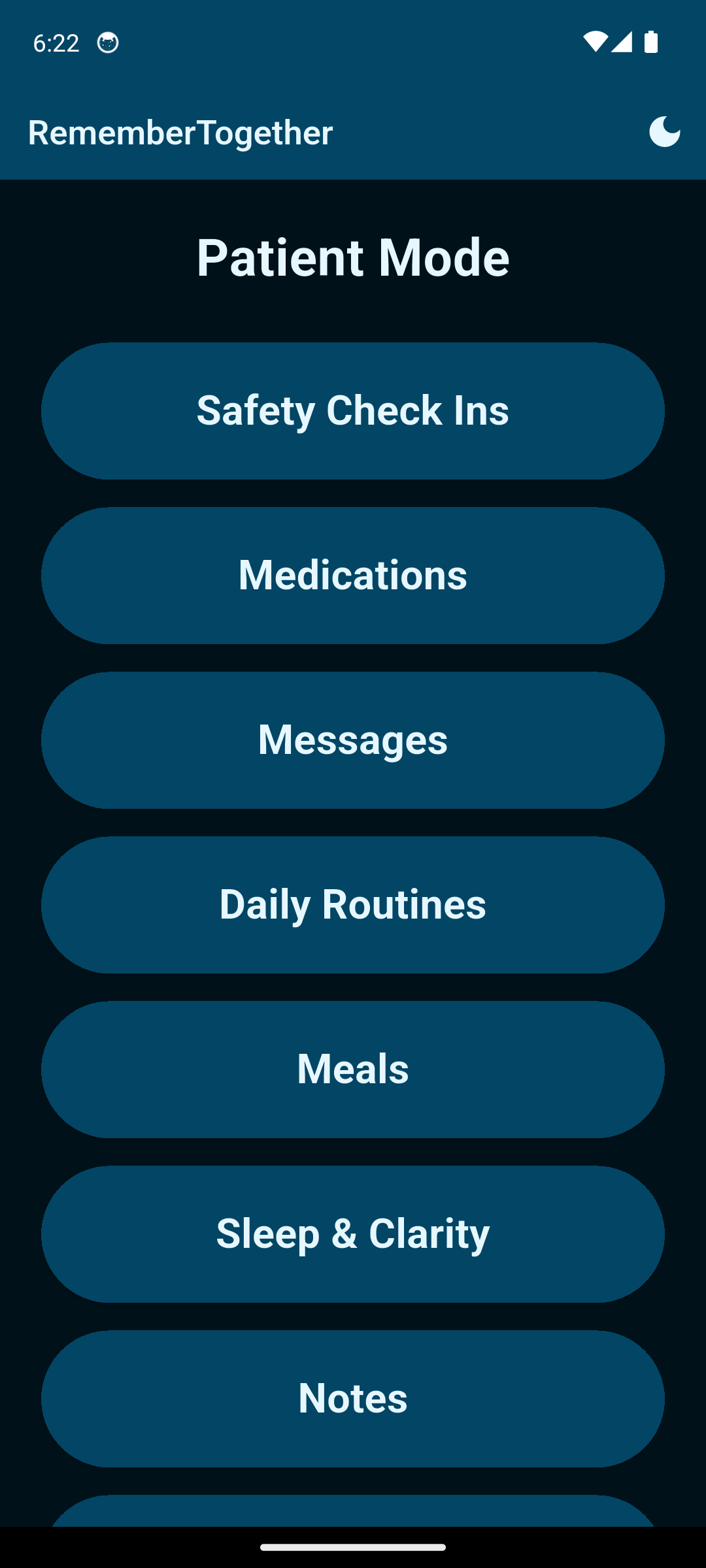 Patient Home in RememberTogether, with Safety Check Ins, Medications, Messages, Daily Routines, Meals, Sleep and Clarity, and Notes.