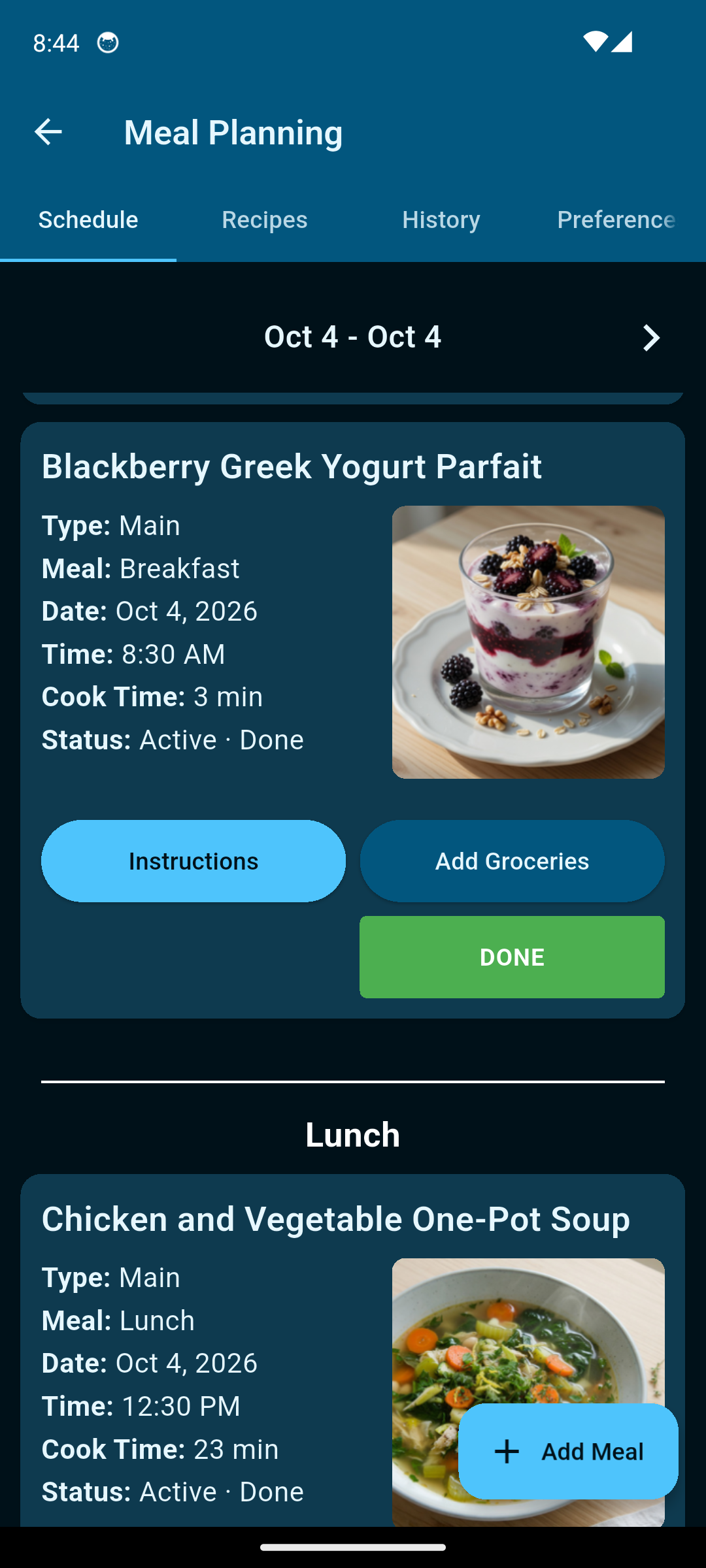 Caregiver Meal Planning on the Schedule tab.