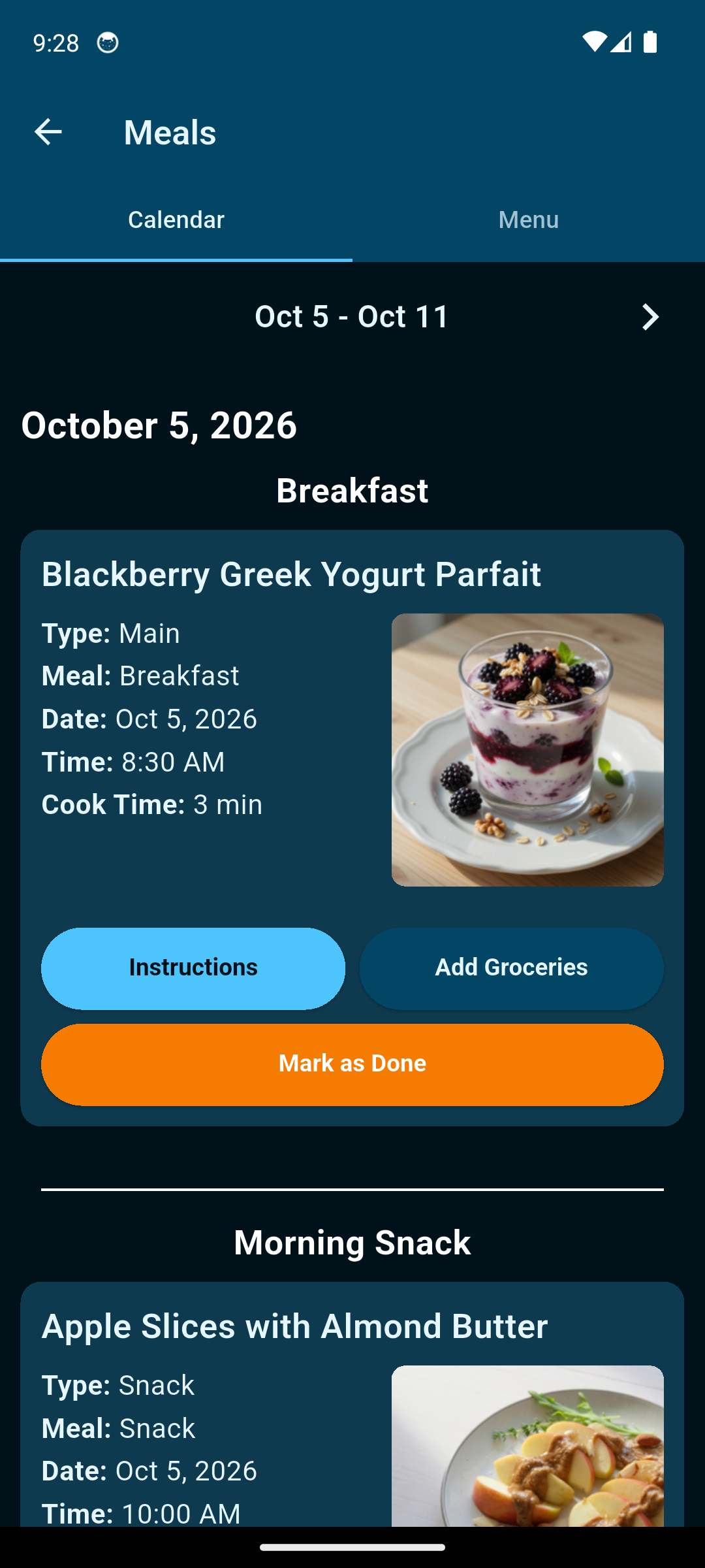 Patient Meals calendar for October 5, with Blackberry Greek Yogurt Parfait at breakfast.