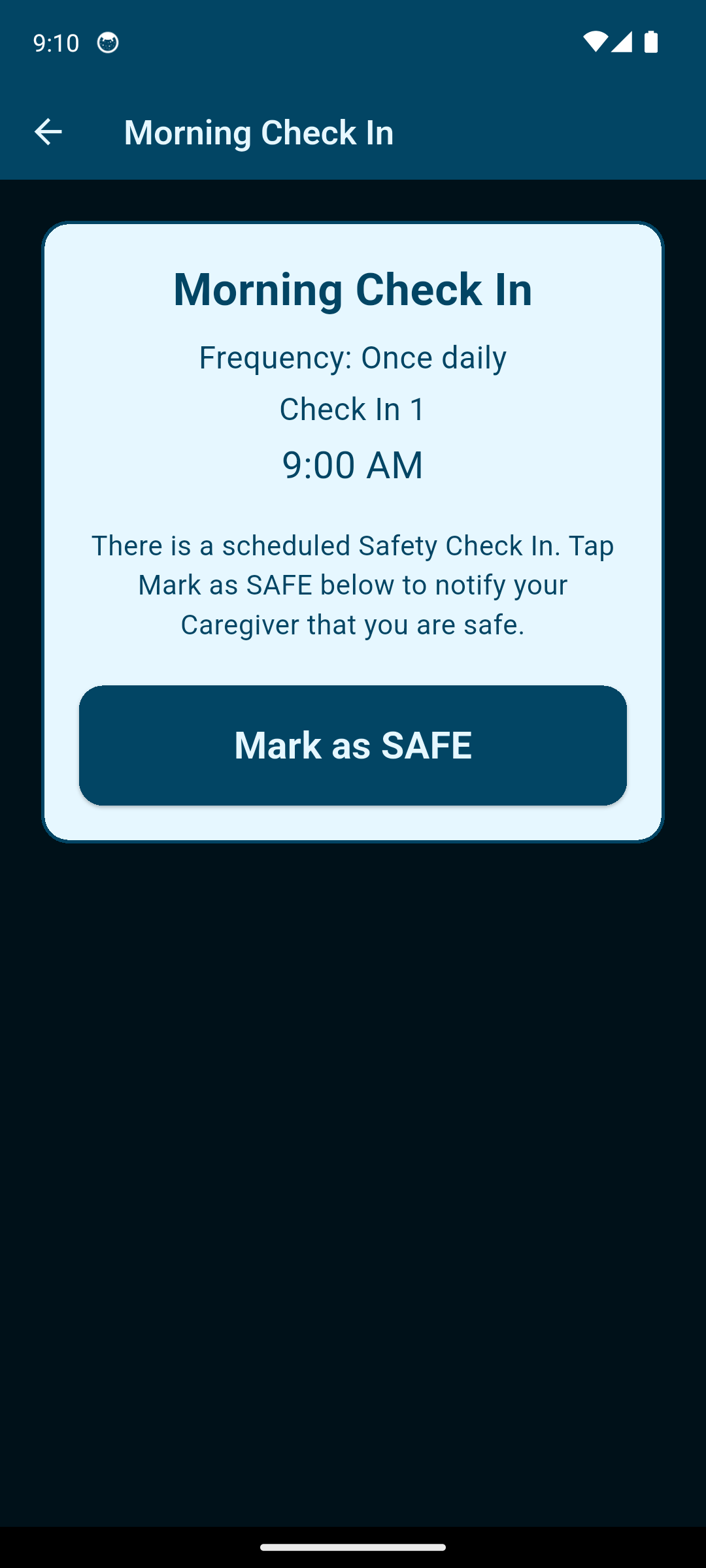 Patient Morning Check In at 9:00 AM, with a Mark as SAFE button.