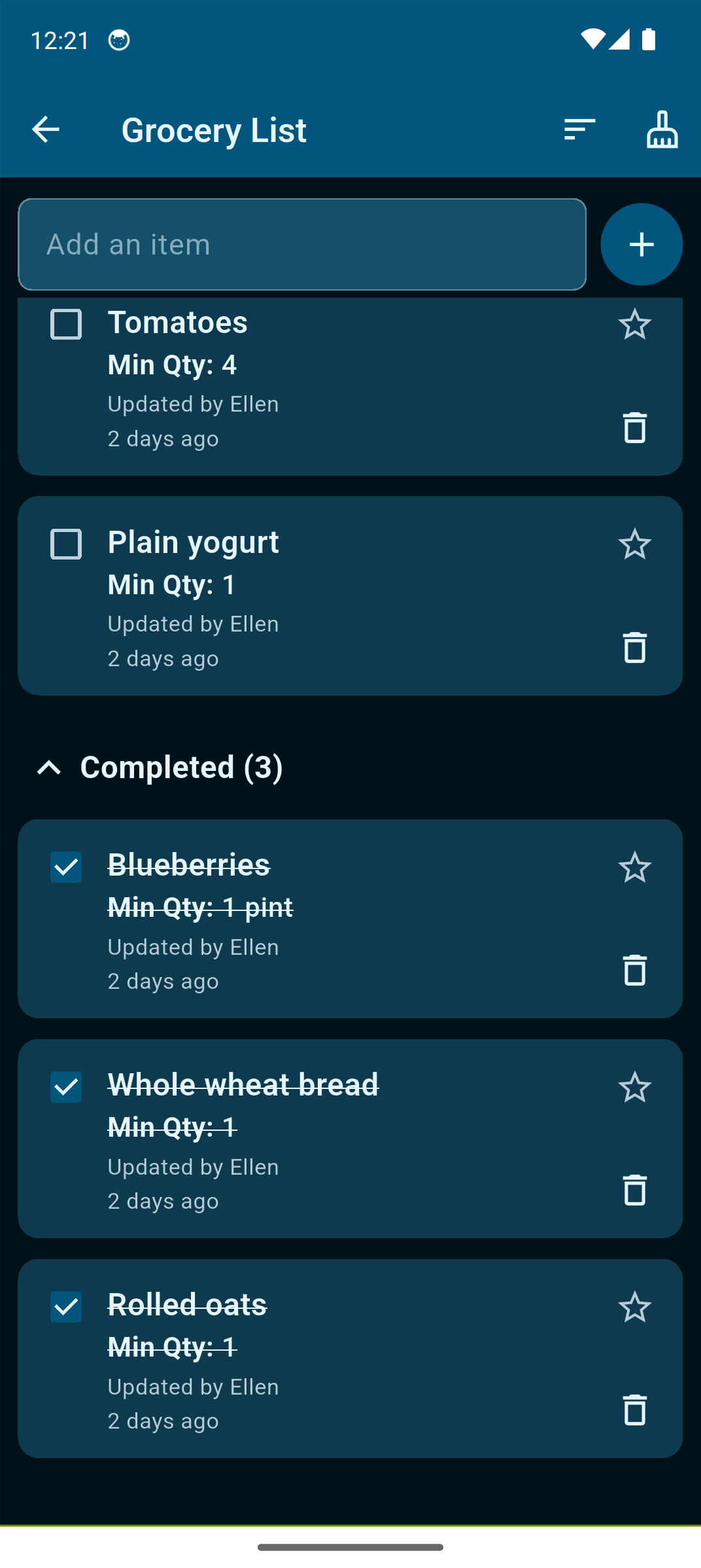 Caregiver Grocery List with Tomatoes and Plain yogurt still to buy, and Blueberries, Whole wheat bread, and Rolled oats completed.