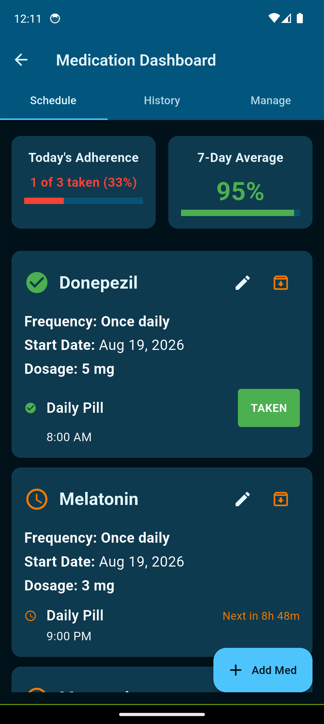 Caregiver Medication Dashboard on the Schedule tab.