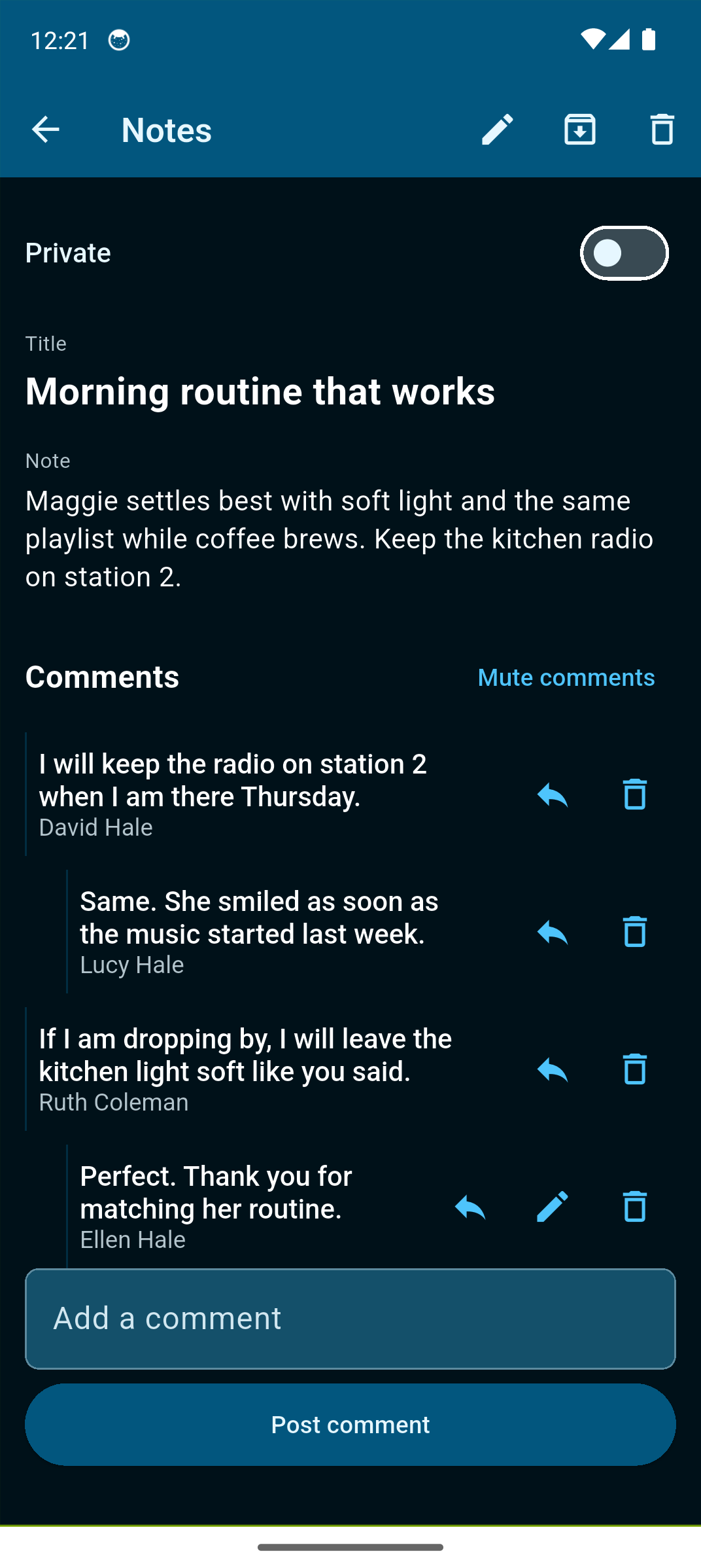 Caregiver note titled Morning routine that works, with comments from David Hale, Lucy Hale, Ruth Coleman, and Ellen Hale.