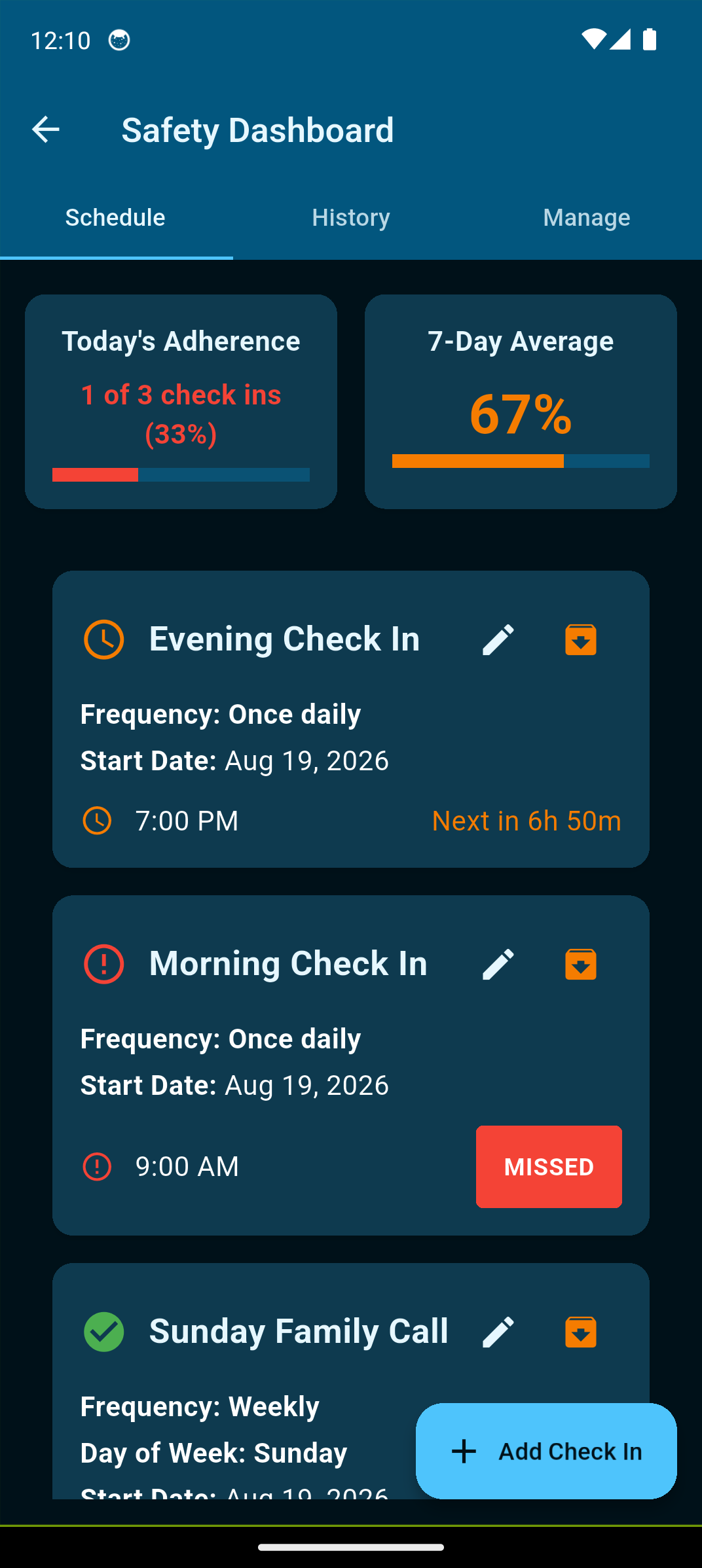 Caregiver Safety Dashboard on the Schedule tab.
