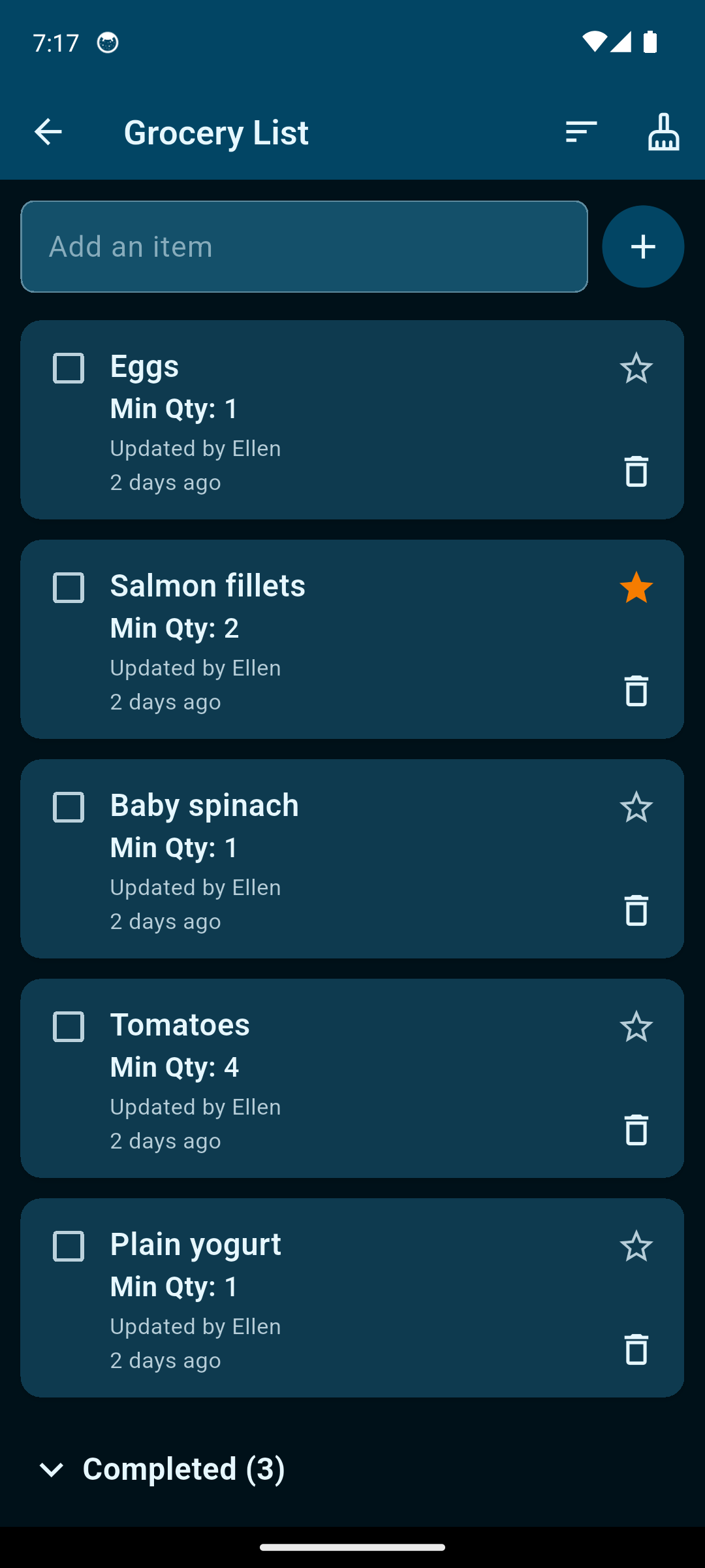 Patient Grocery List with Eggs, Salmon fillets, Baby spinach, Tomatoes, and Plain yogurt still to buy, and three completed items.