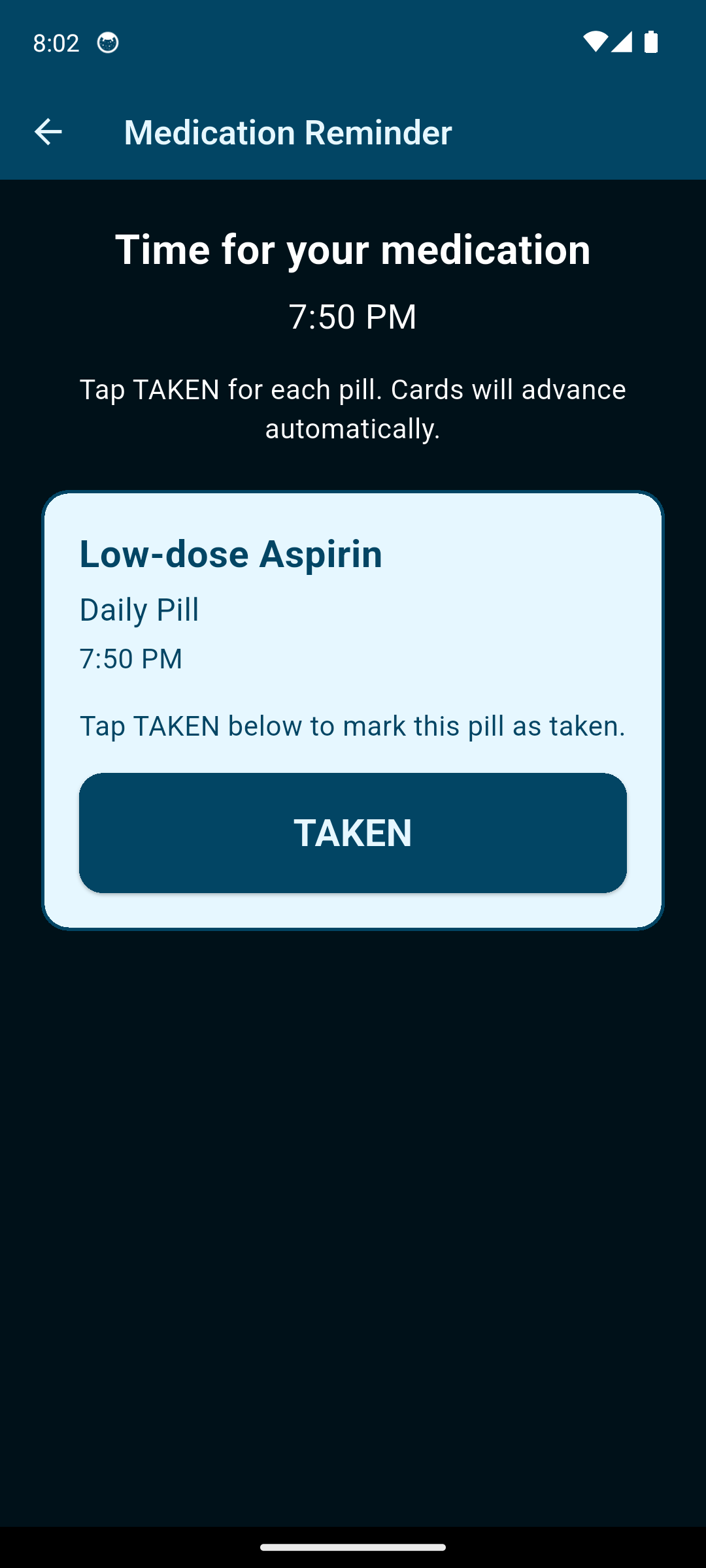Patient Medication Reminder for Low-dose Aspirin at 7:50 PM, with a TAKEN button.