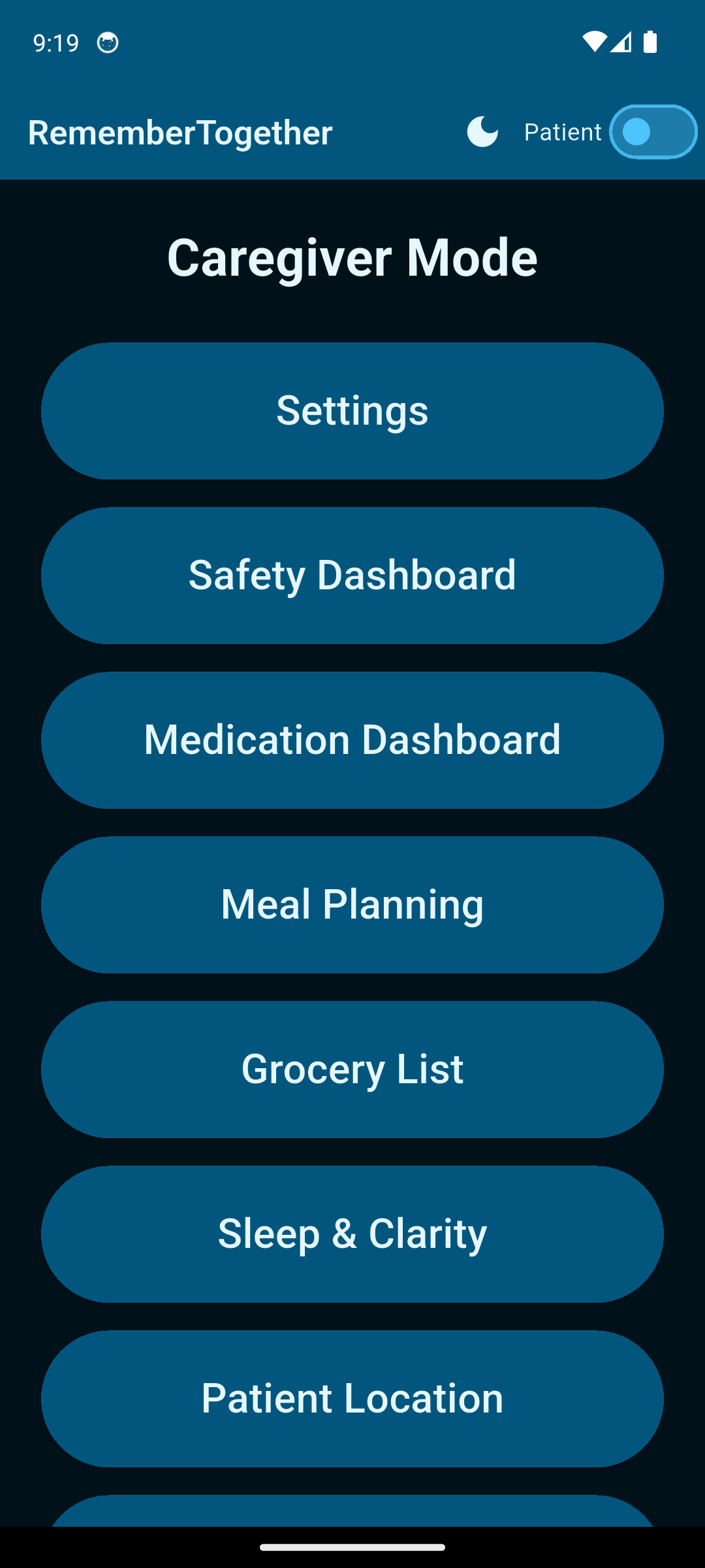 Caregiver Home in RememberTogether, with Settings, Safety Dashboard, Medication Dashboard, Meal Planning, Grocery List, Sleep and Clarity, and Patient Location.